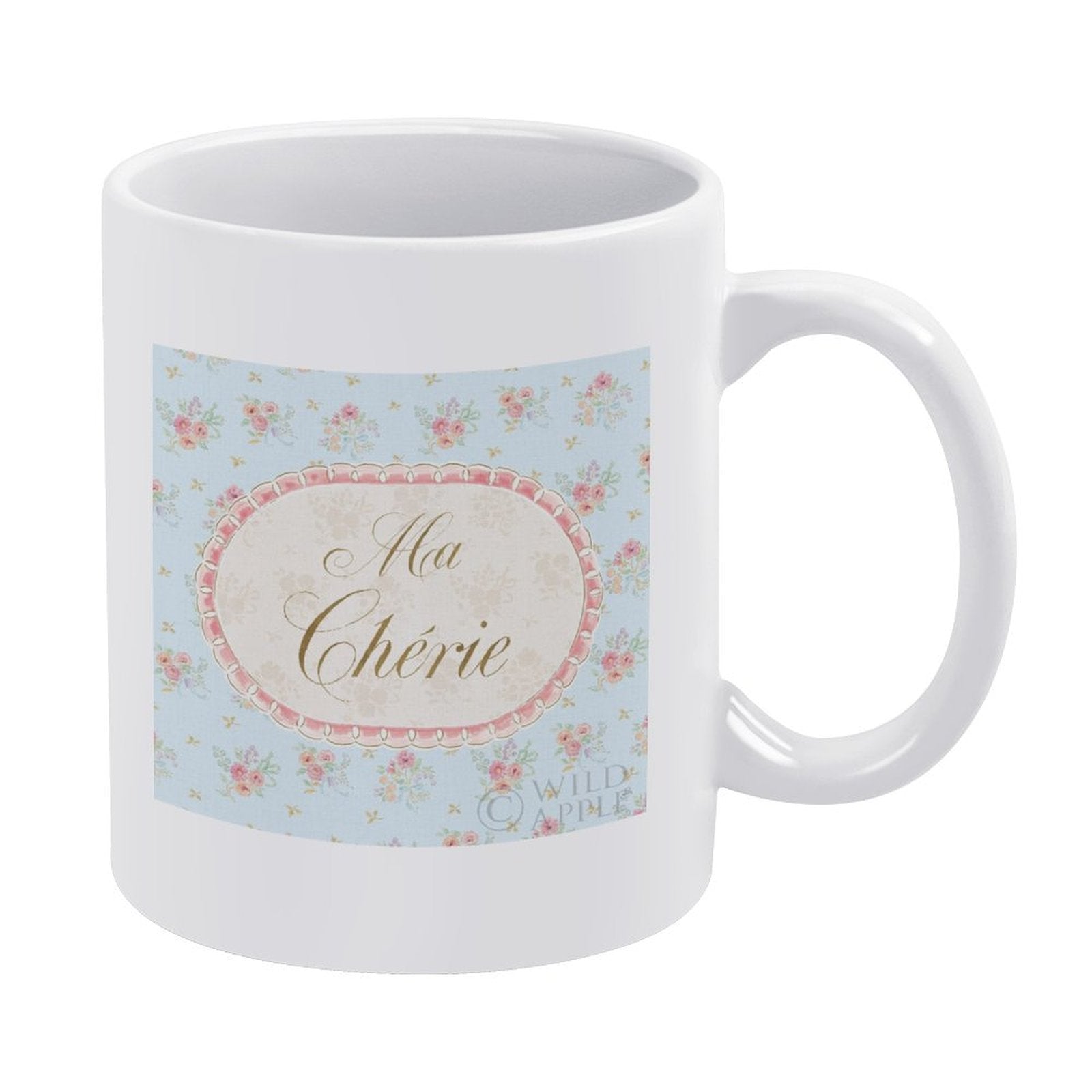 Personalized white ceramic coffee mug with floral design and "Ma Chérie" text, a customized gift.