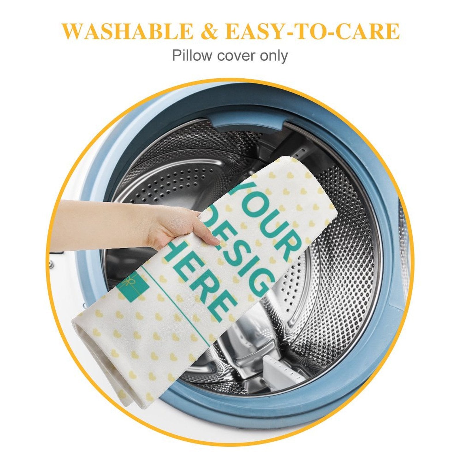 Washable & Easy-Care personalized throw pillow cover with your design, white plush fabric, being loaded into washing machine.