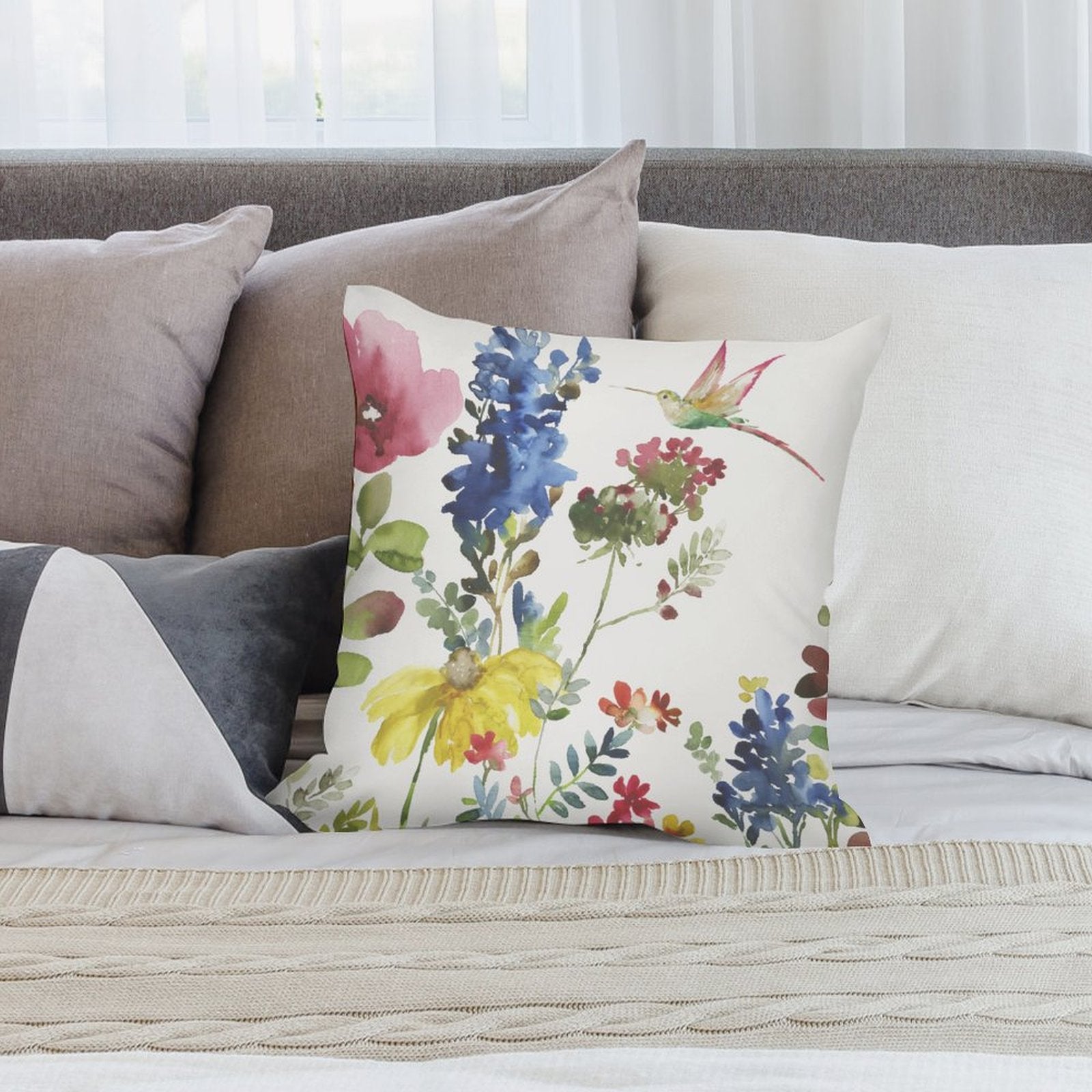 Soft plush pillow cover with watercolor floral and hummingbird design, perfect for sofa, couch, or living room decor