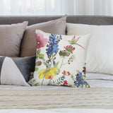 Watercolor floral throw pillow cover with hummingbird, soft plush fabric for sofa and couch decor.