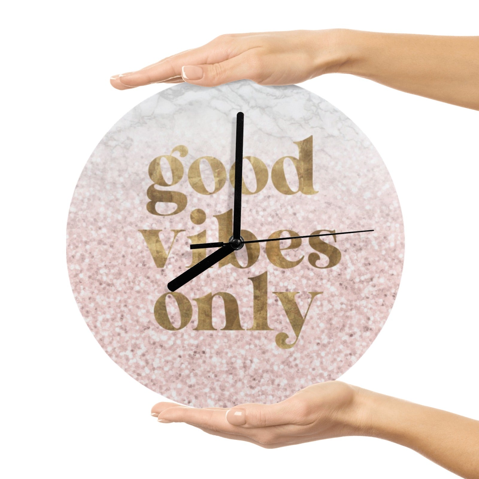 Modern pink wall clock with 'good vibes only' text, perfect for living room, kitchen, office decor