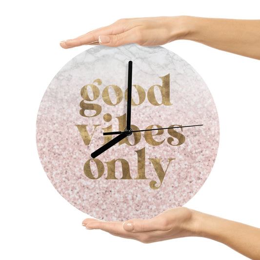 Modern pink wall clock with 'good vibes only' text, perfect for living room, kitchen, office decor