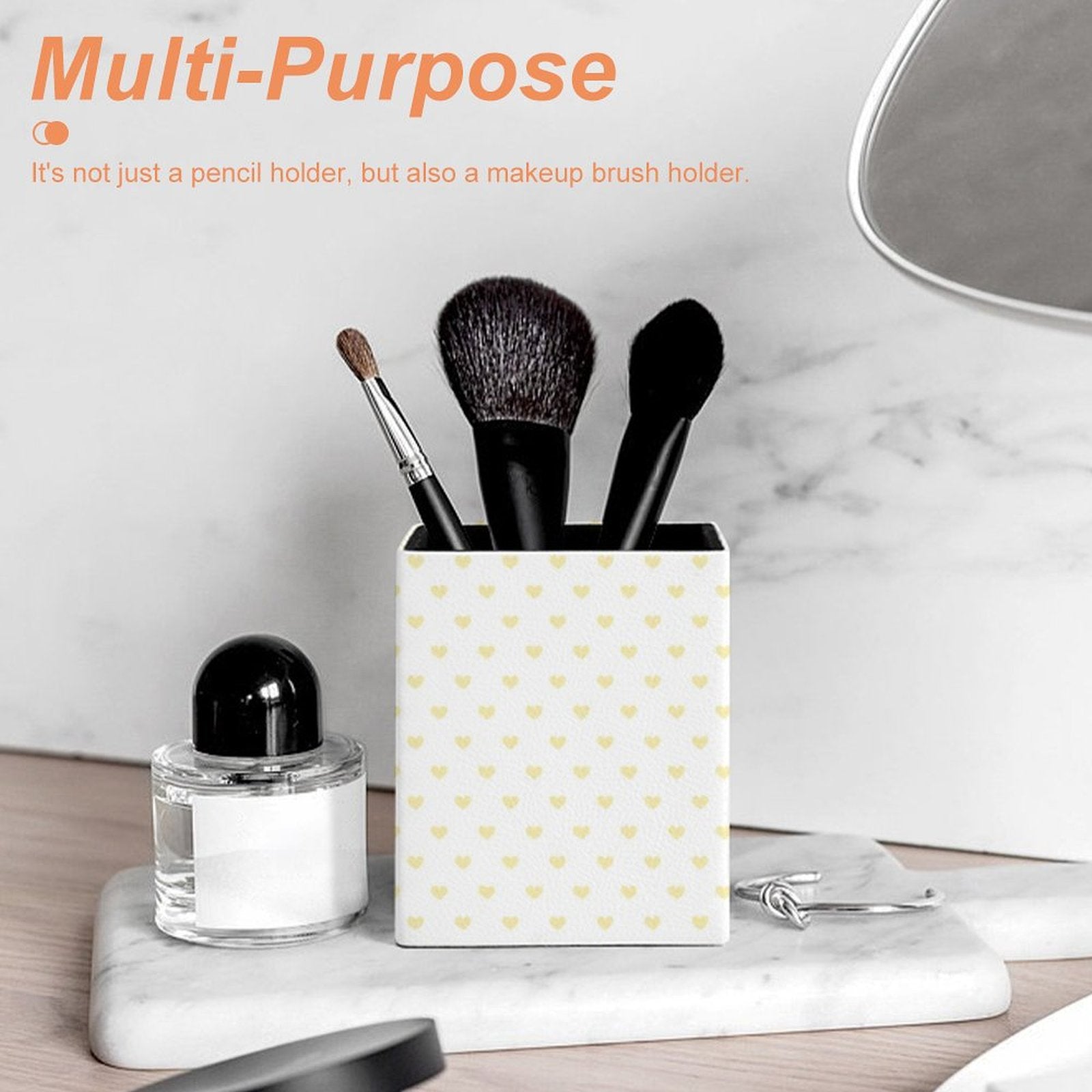 Multi-Purpose desk organizer, heart pattern leather pen holder, for pens, pencils and makeup brushes, office desk decor.