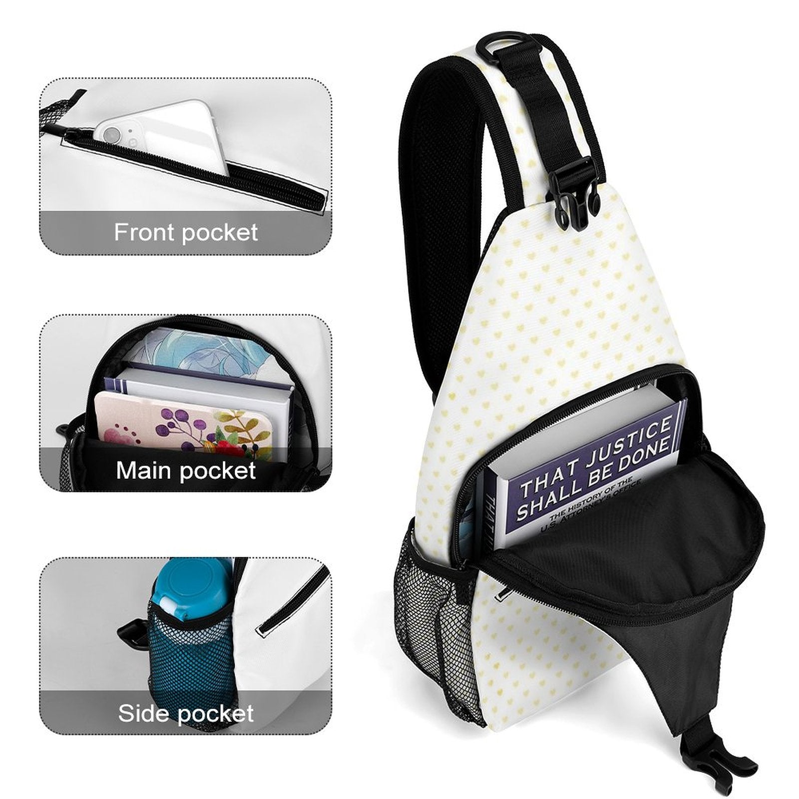 Custom white sling bag with yellow heart pattern, multiple pockets and book