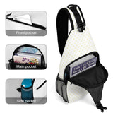 Custom white sling bag with yellow heart pattern, multiple pockets and book