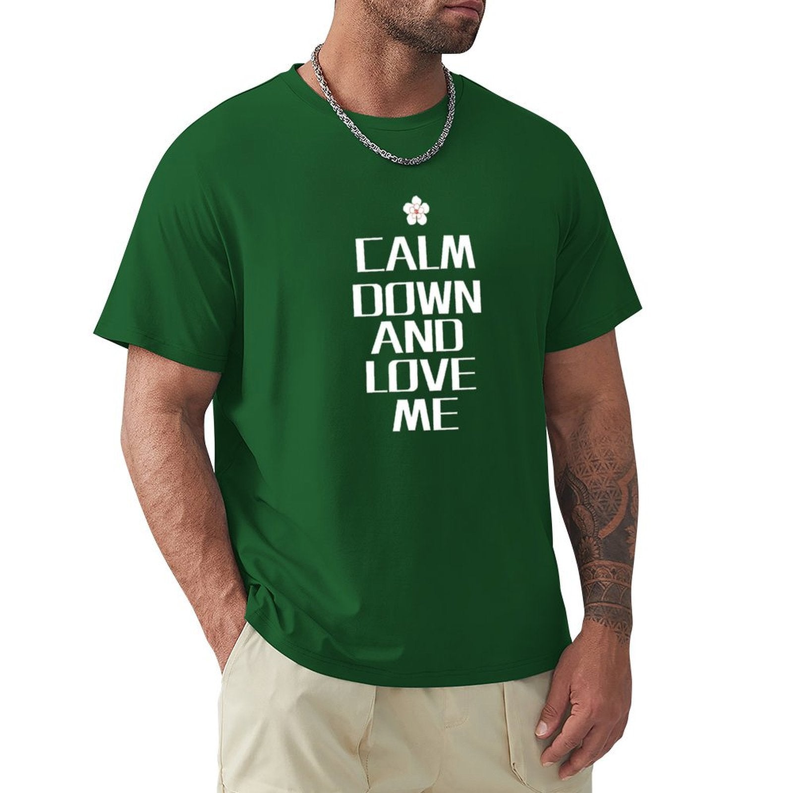 Green men's crew neck t-shirt with 'Calm Down and Love Me' print, MyArtsyGift apparel