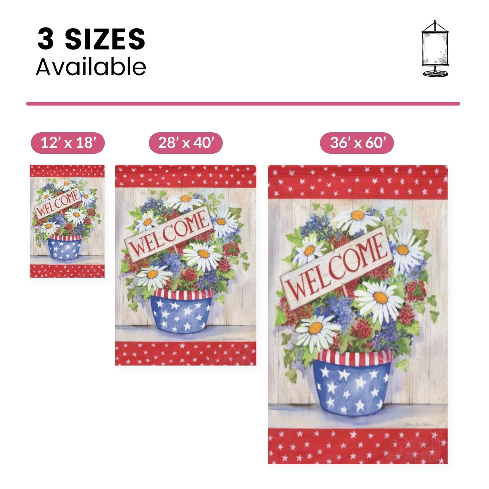 Welcome garden flag, double-sided, with floral arrangement in star pot, available in different sizes