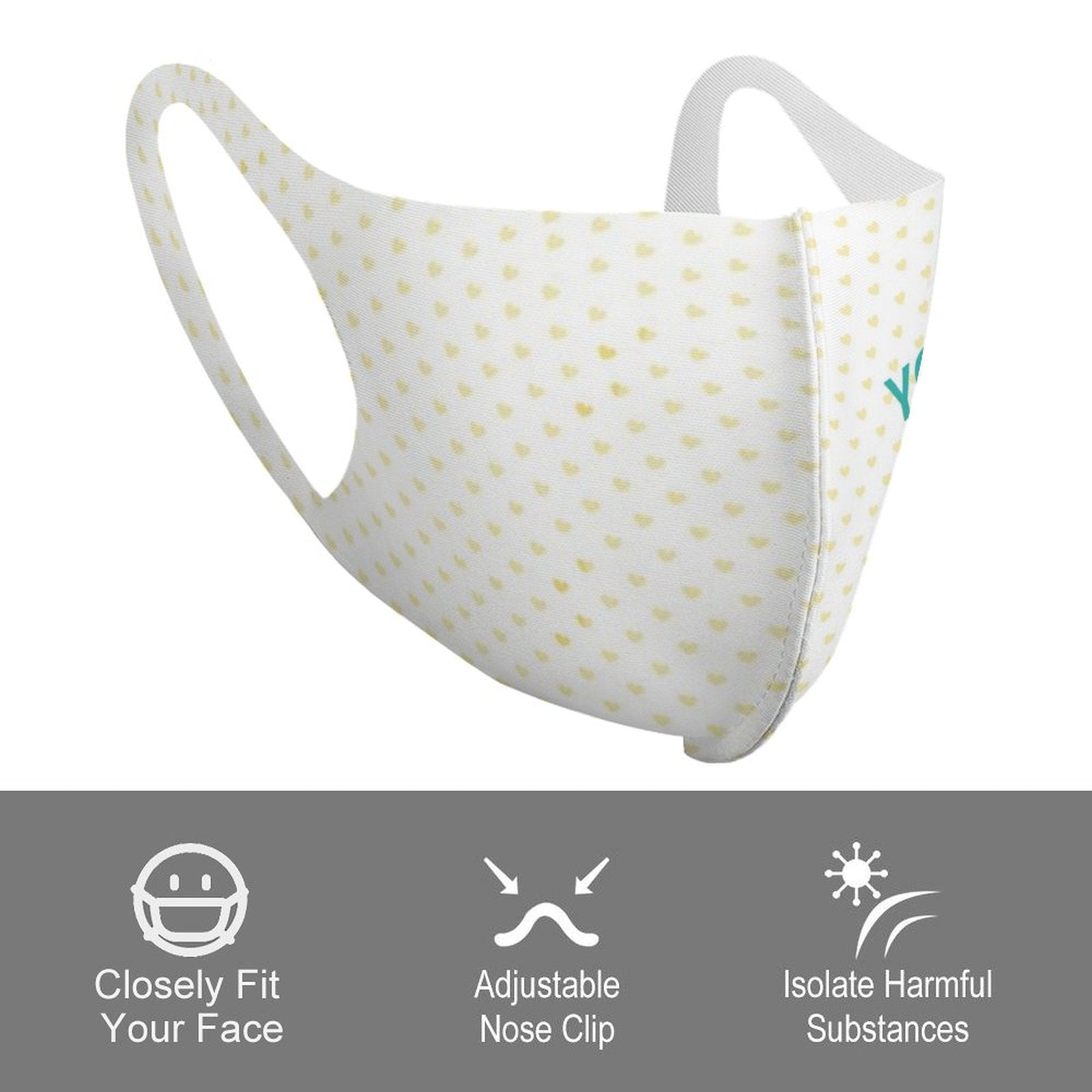 Customizable kids mask with heart pattern, reusable and breathable, featuring adjustable nose clip for sports and outdoor use