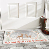 Winter doormat featuring deer and "Warm Winter Wishes"; rubber floor mat for entryway or outdoor use.