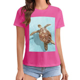 Women's pink crewneck t-shirt with sea turtle graphic, casual wear for summer