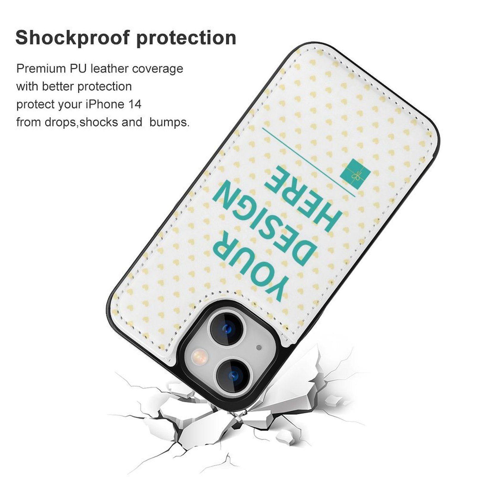 Custom iPhone 14 PU leather flip phone case for iPhone 14 series. Shockproof design with 'YOUR DESIGN HERE' on the case.