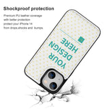Custom iPhone 14 PU leather flip phone case for iPhone 14 series. Shockproof design with 'YOUR DESIGN HERE' on the case.