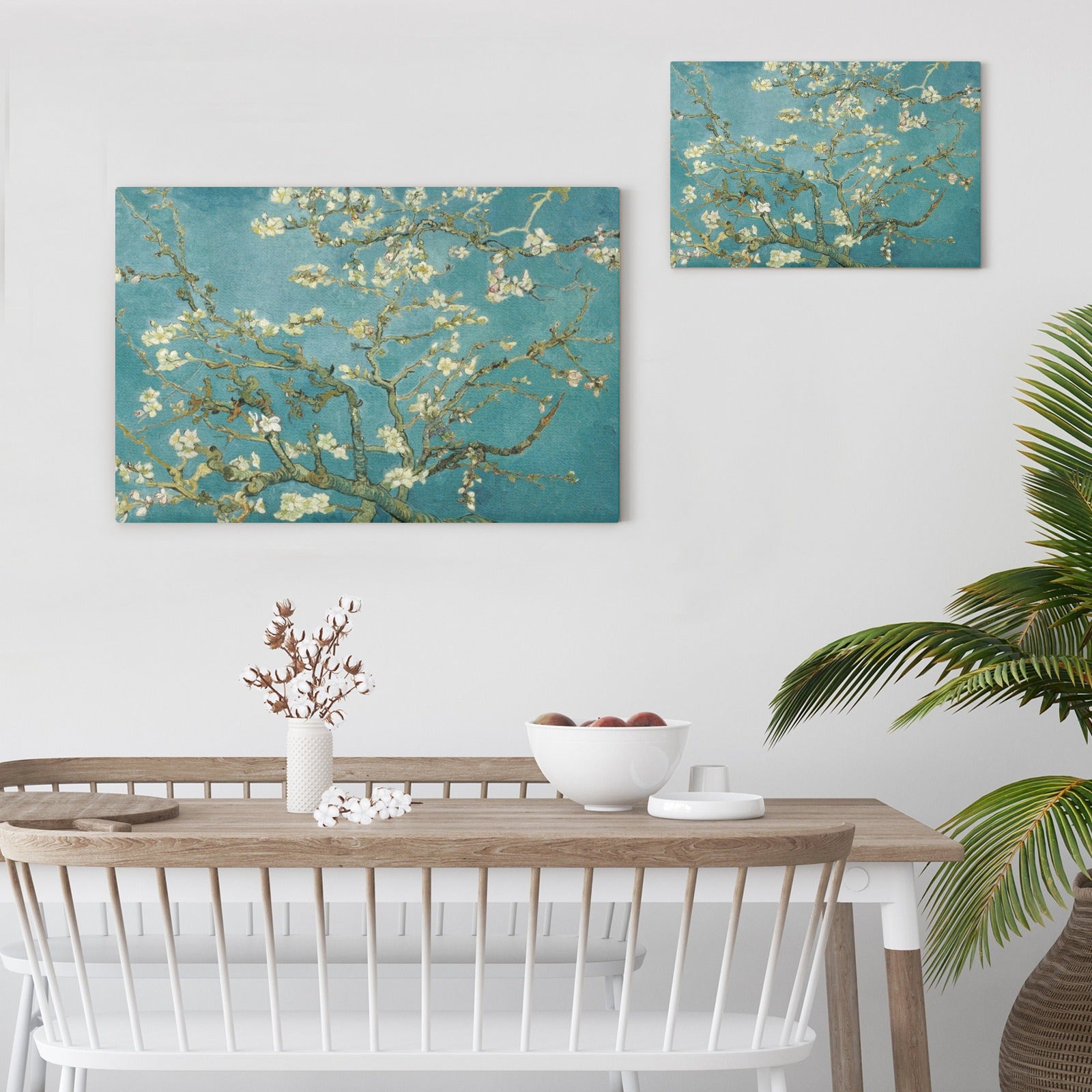 Van Gogh Almond Blossom floral canvas prints on teal wall. Home decor with modern minimalist design.