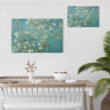Van Gogh Almond Blossom floral canvas prints on teal wall. Home decor with modern minimalist design.