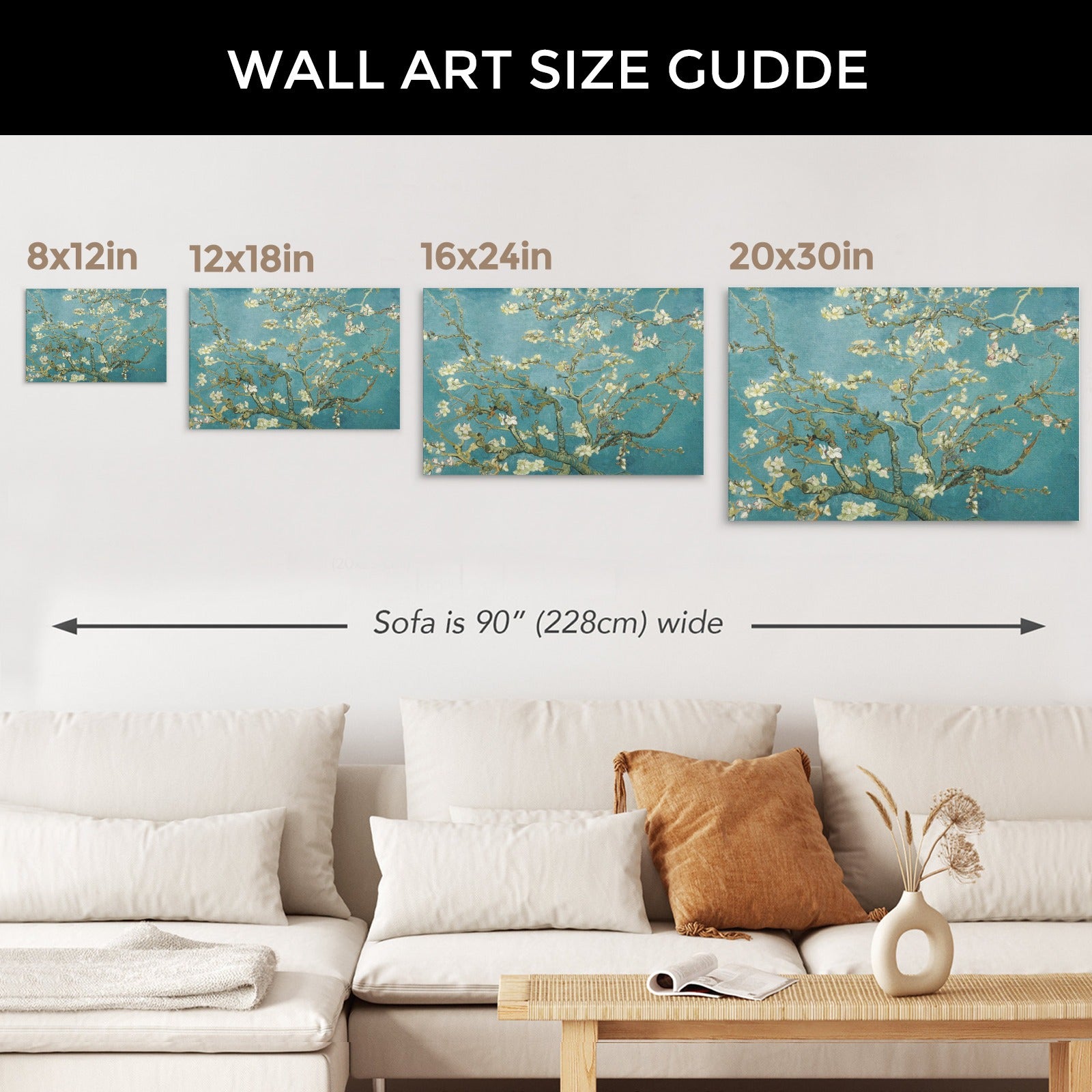 Van Gogh Almond Blossom canvas print size guide. Wall art in 8x12in, 12x18in, 16x24in, 20x30in sizes. Teal background.