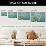 Van Gogh Almond Blossom canvas print size guide. Wall art in 8x12in, 12x18in, 16x24in, 20x30in sizes. Teal background.
