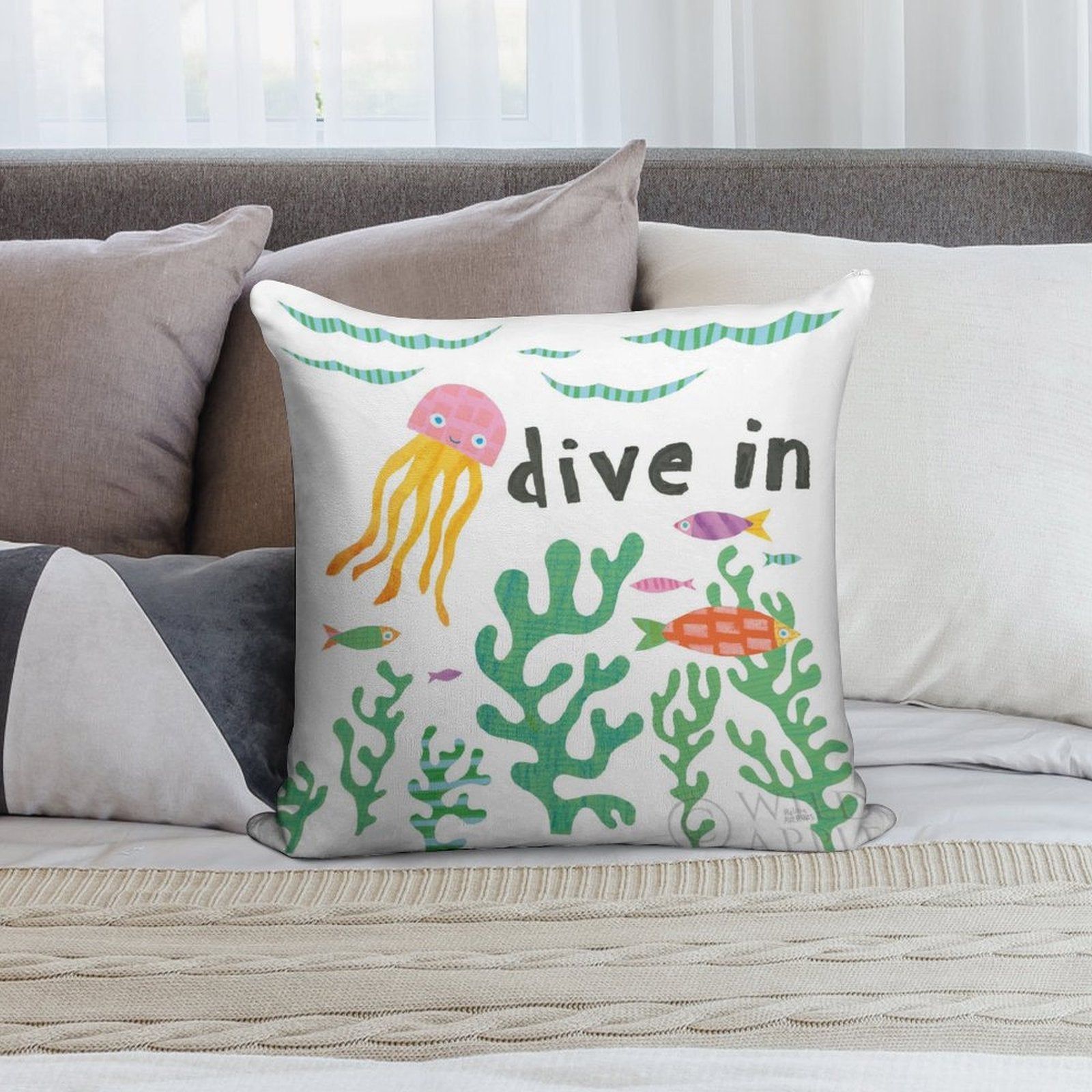 Ocean themed throw pillow case with "dive in" text, jellyfish, fish illustrations, soft plush fabric for living room decor