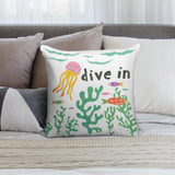 Ocean themed throw pillow case with "dive in" text, jellyfish, fish illustrations, soft plush fabric for living room decor