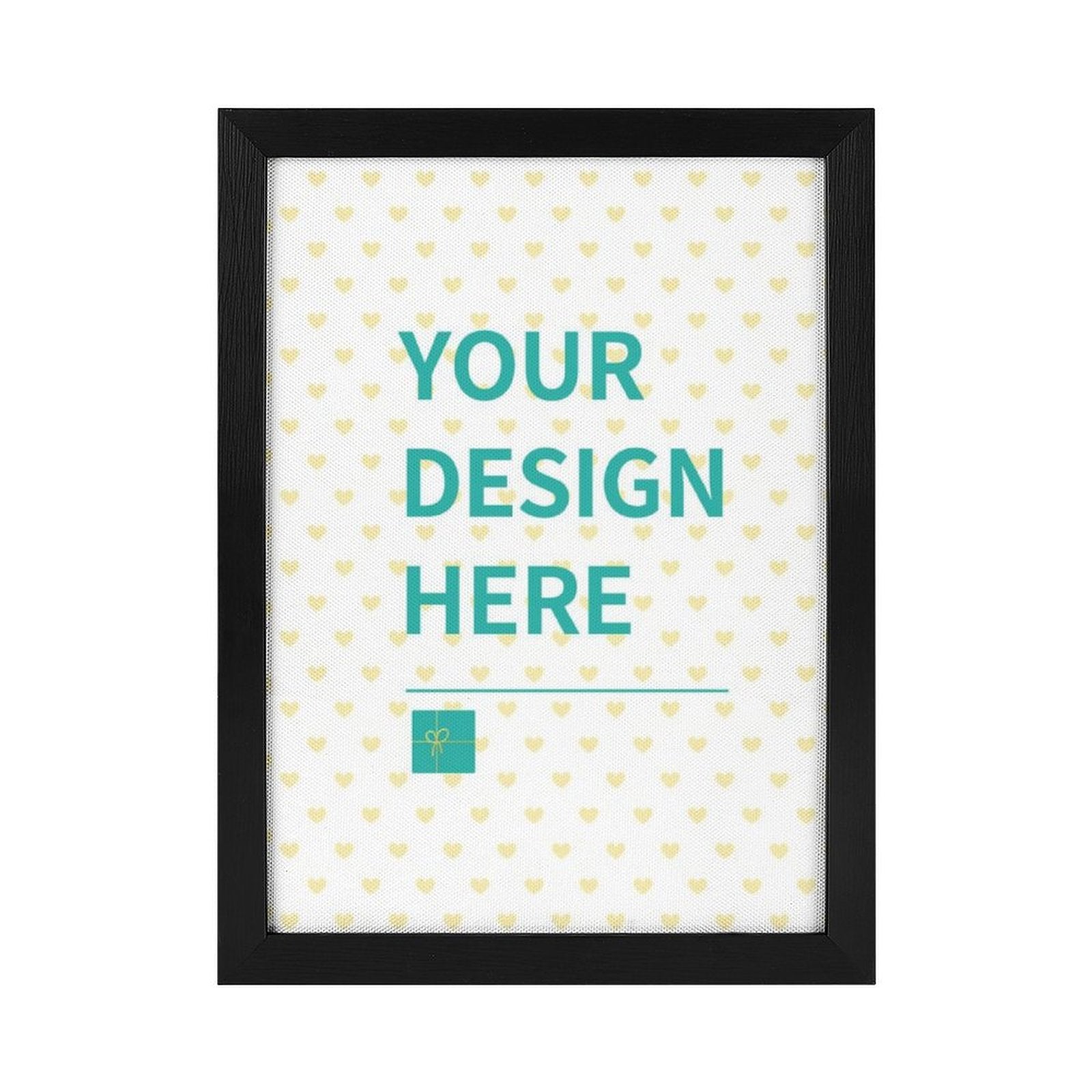 Custom canvas print with 'YOUR DESIGN HERE' text in black frame. Personalized wall art gift.
