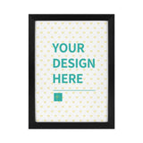Custom canvas print with 'YOUR DESIGN HERE' text in black frame. Personalized wall art gift.