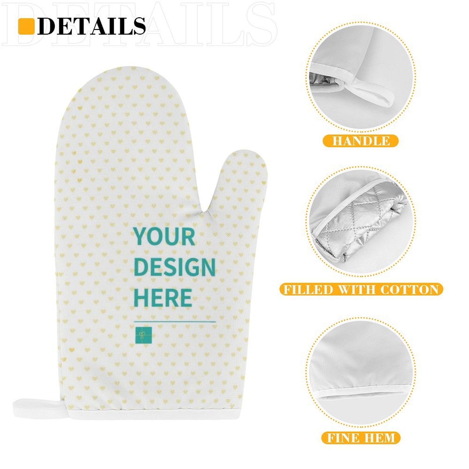 Customizable oven mitt, white with heart pattern, "YOUR DESIGN HERE" design, polyester fabric for kitchen, baking, grilling