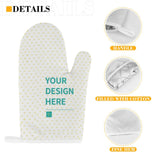 Customizable oven mitt, white with heart pattern, "YOUR DESIGN HERE" design, polyester fabric for kitchen, baking, grilling