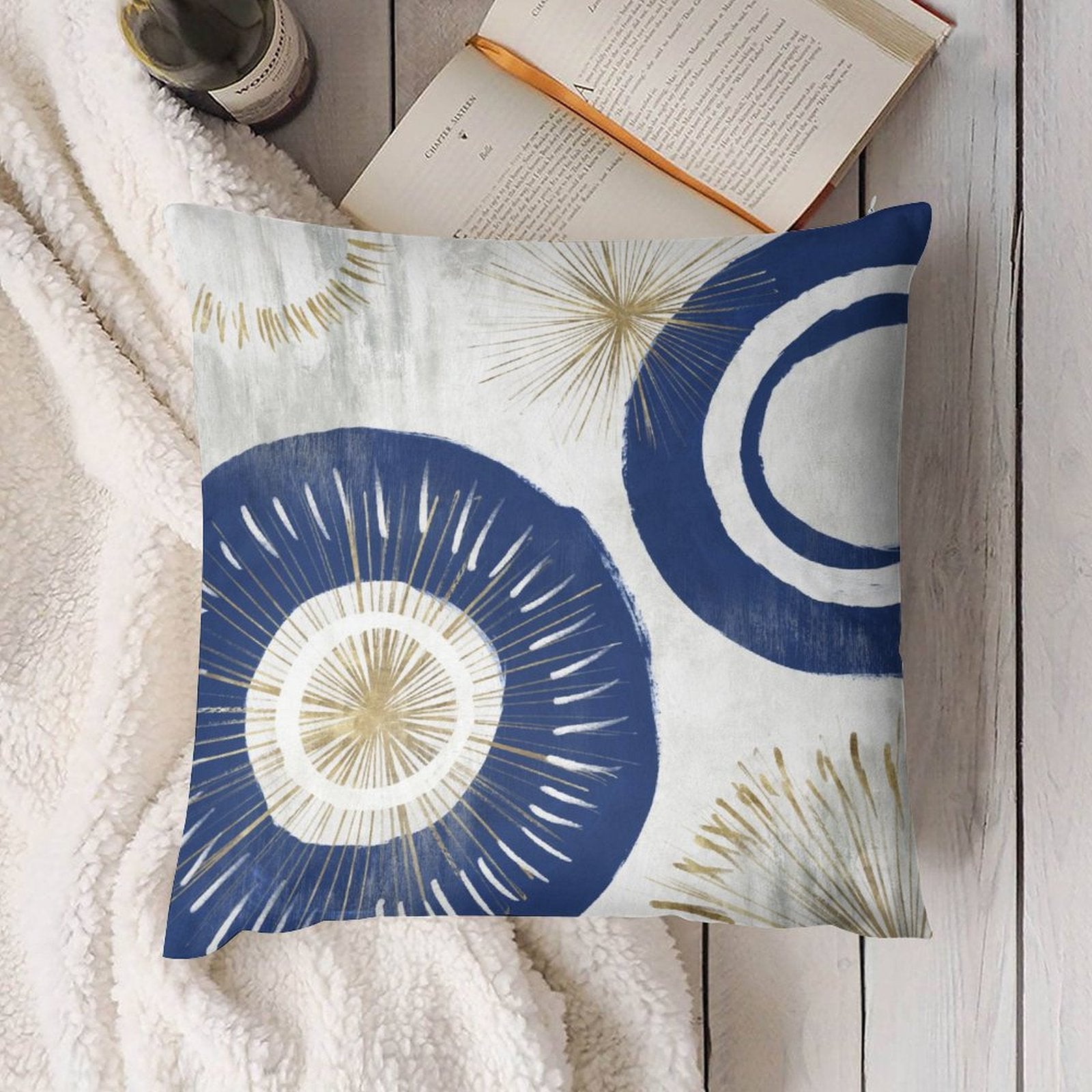 Navy blue and gold abstract plush throw pillow for sofa or couch