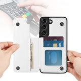 White PU leather Samsung Galaxy S22 flip cover with card slot, including a credit card and cash slot.