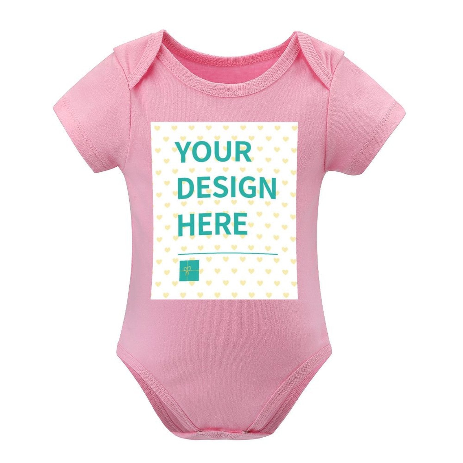Customizable pink baby bodysuit with 'YOUR DESIGN HERE' design, cotton material, perfect baby gift.