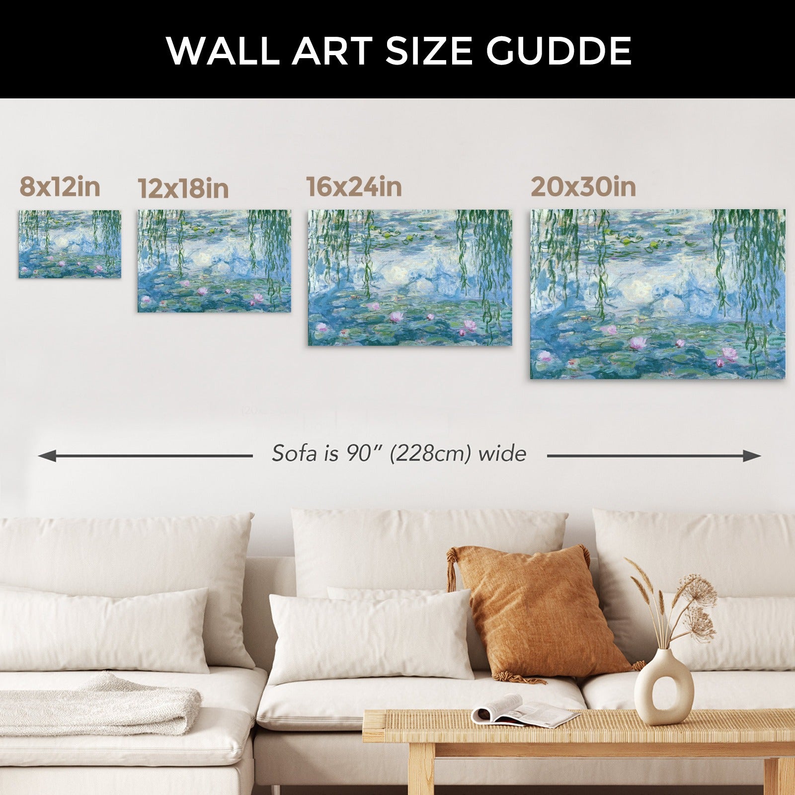 Water Lilies canvas print size guide, including 8x12in, 12x18in, 16x24in, and 20x30in. Monet art for home decor.