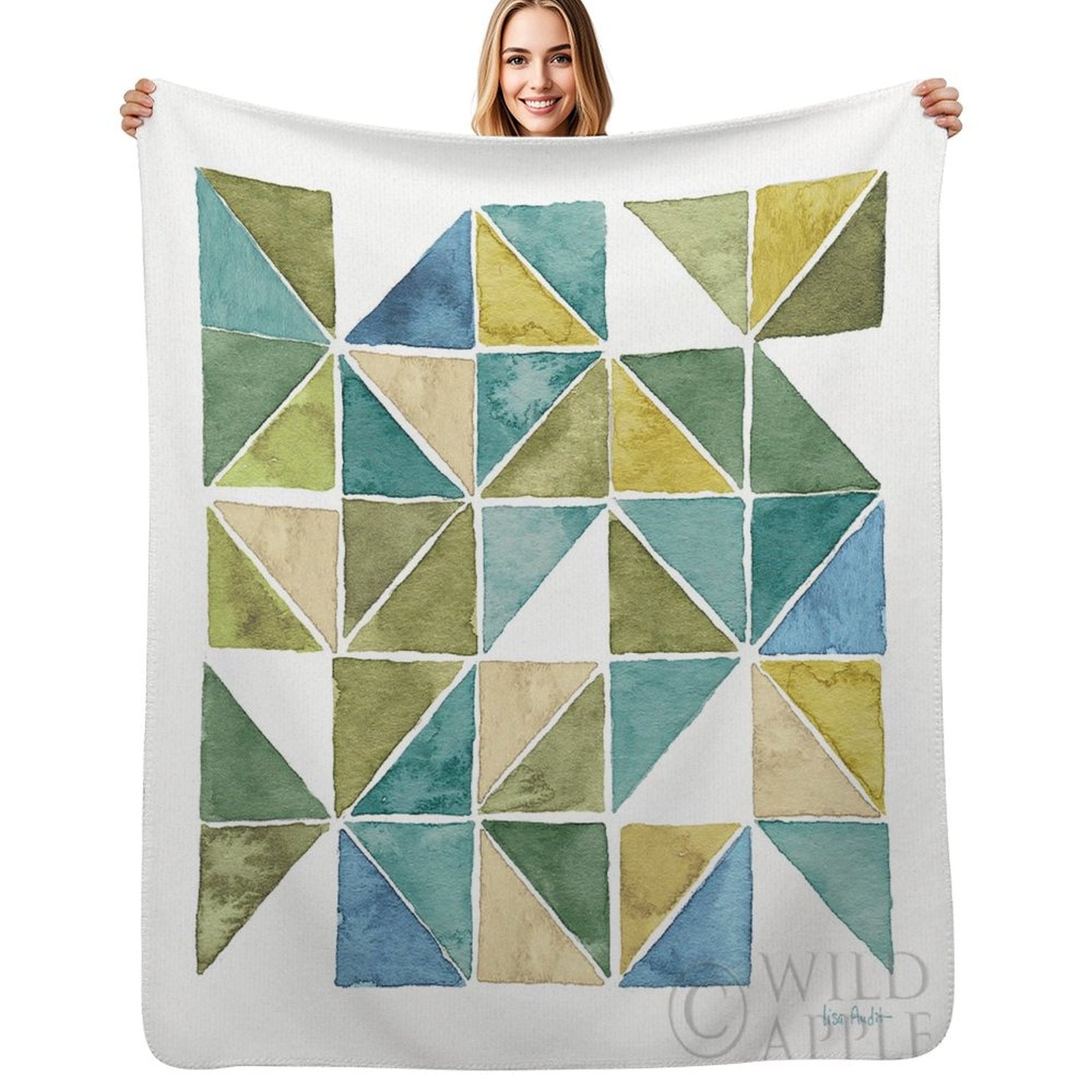 MyArtsyGift Geo fleece blanket, triangle design, green, blue, beige, 'WILD APPLE', soft lamb wool, for bed.