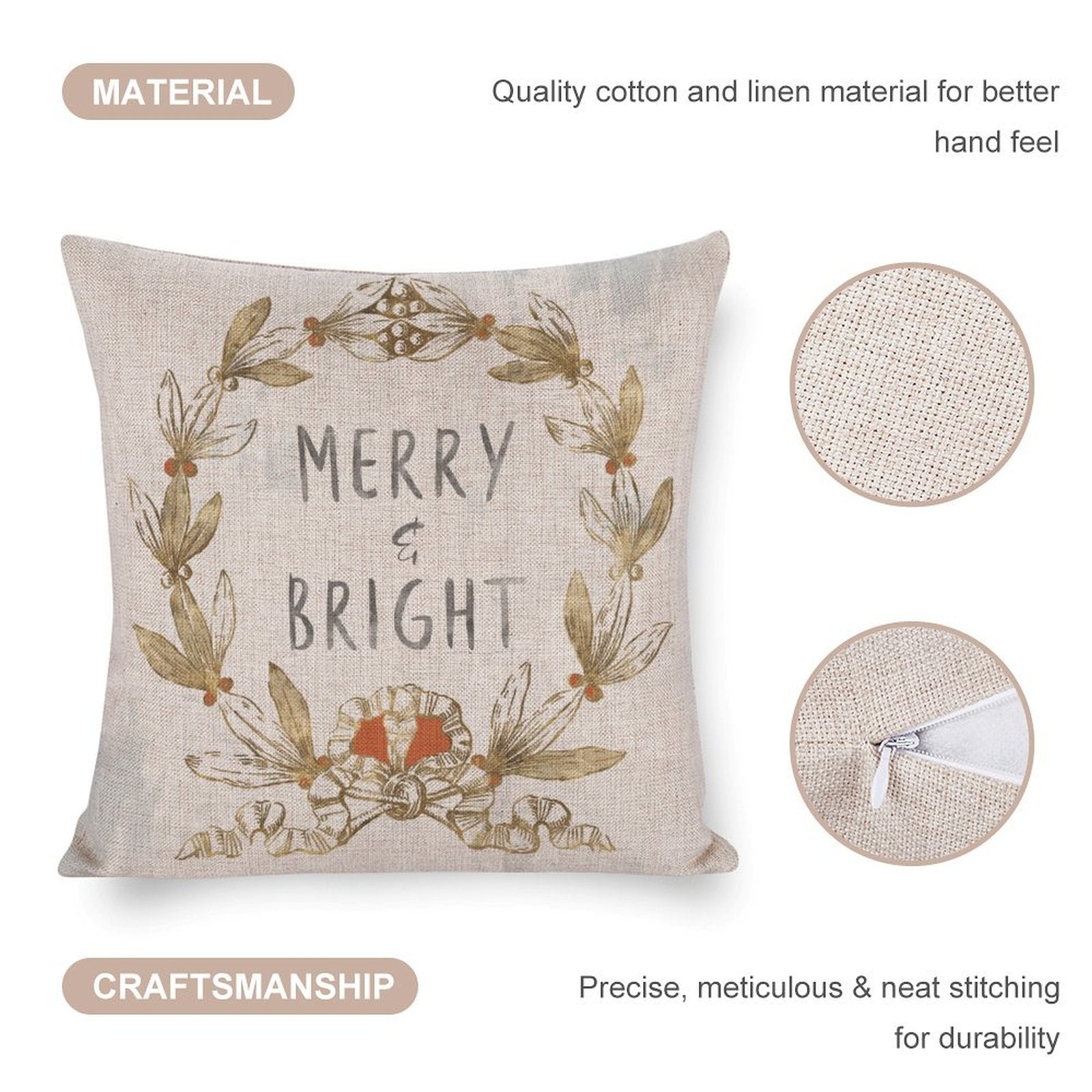 Christmas Pillow Cover with Merry & Bright text, cotton linen pillowcase, holiday home decor.