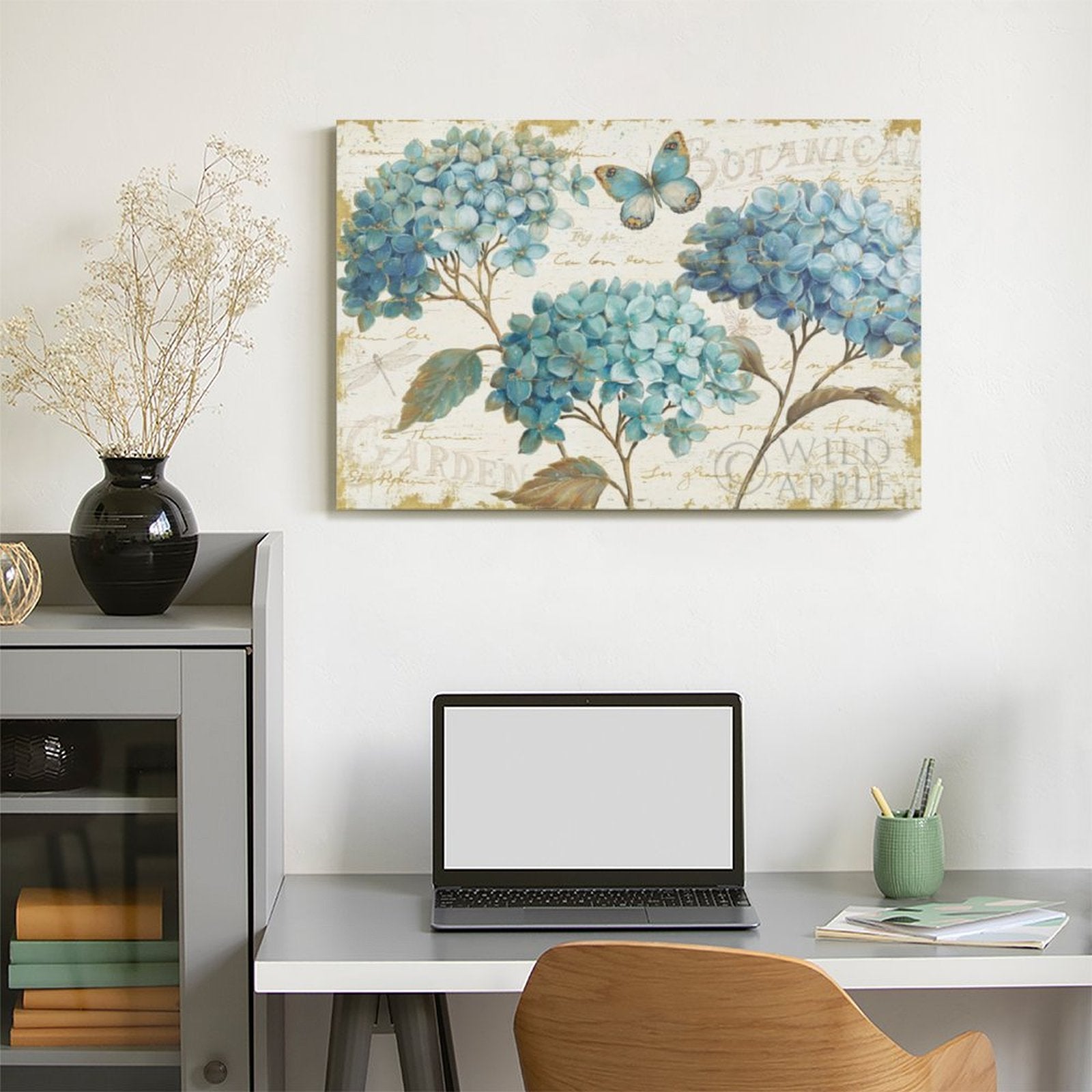 Blue hydrangea botanical canvas print with butterfly. Wall art for family, made in USA. Floral artwork for home decor.