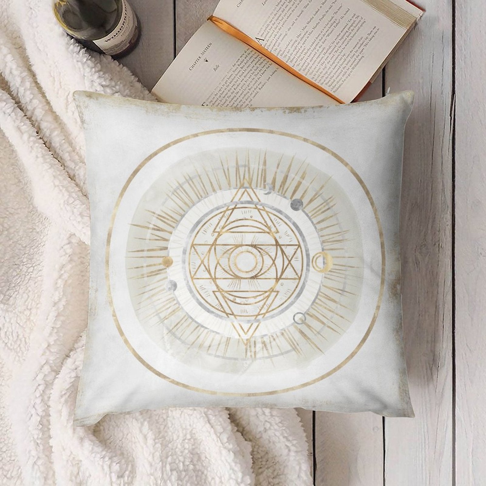 Luxury plush pillow cover with gold celestial design for sofa or couch. Soft, fluffy, and perfect for living room decor.
