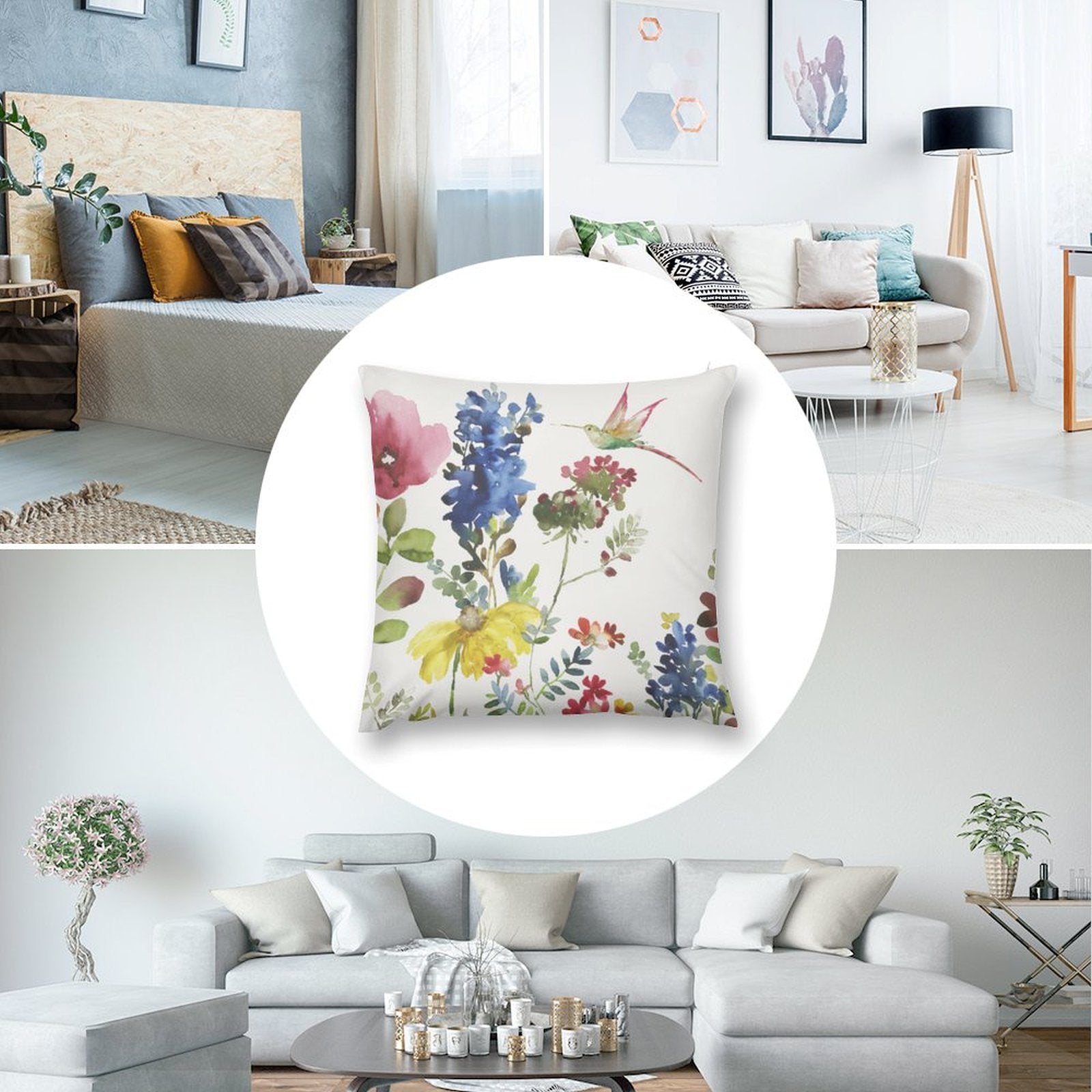 Watercolor floral plush pillow cover with hummingbird, perfect for sofa, couch, and living room decor.