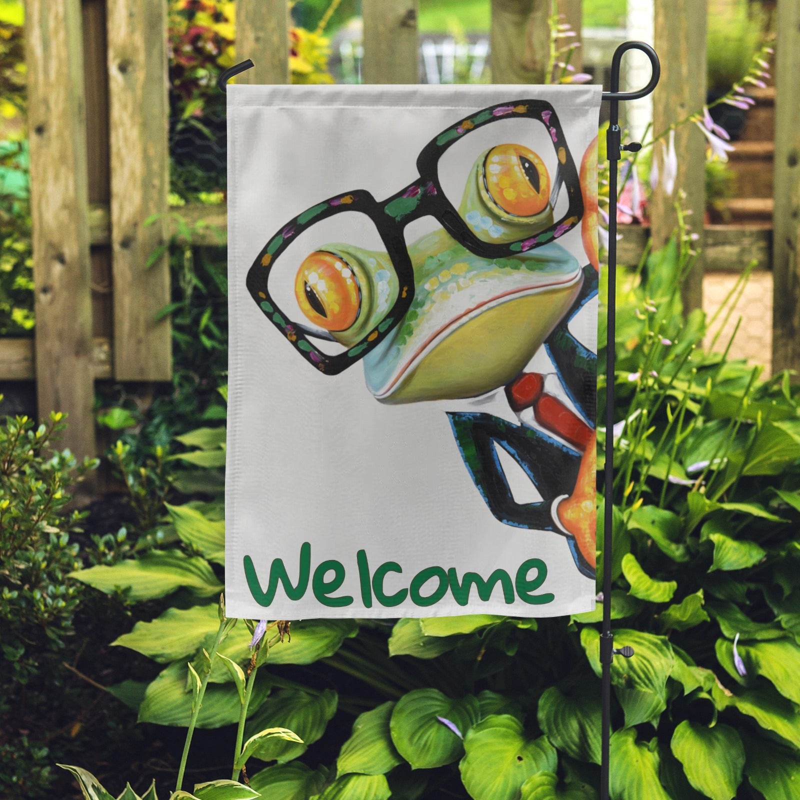 Welcome frog garden flag with frog wearing glasses; perfect outdoor decor.