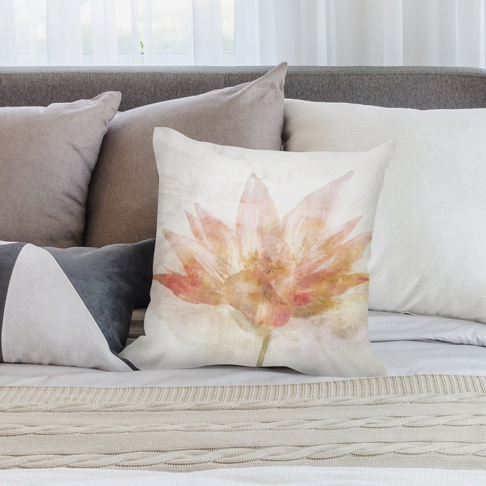 MyArtsyGift - Soft plush pillow cover with watercolor lotus design for couch decor, in warm tones.