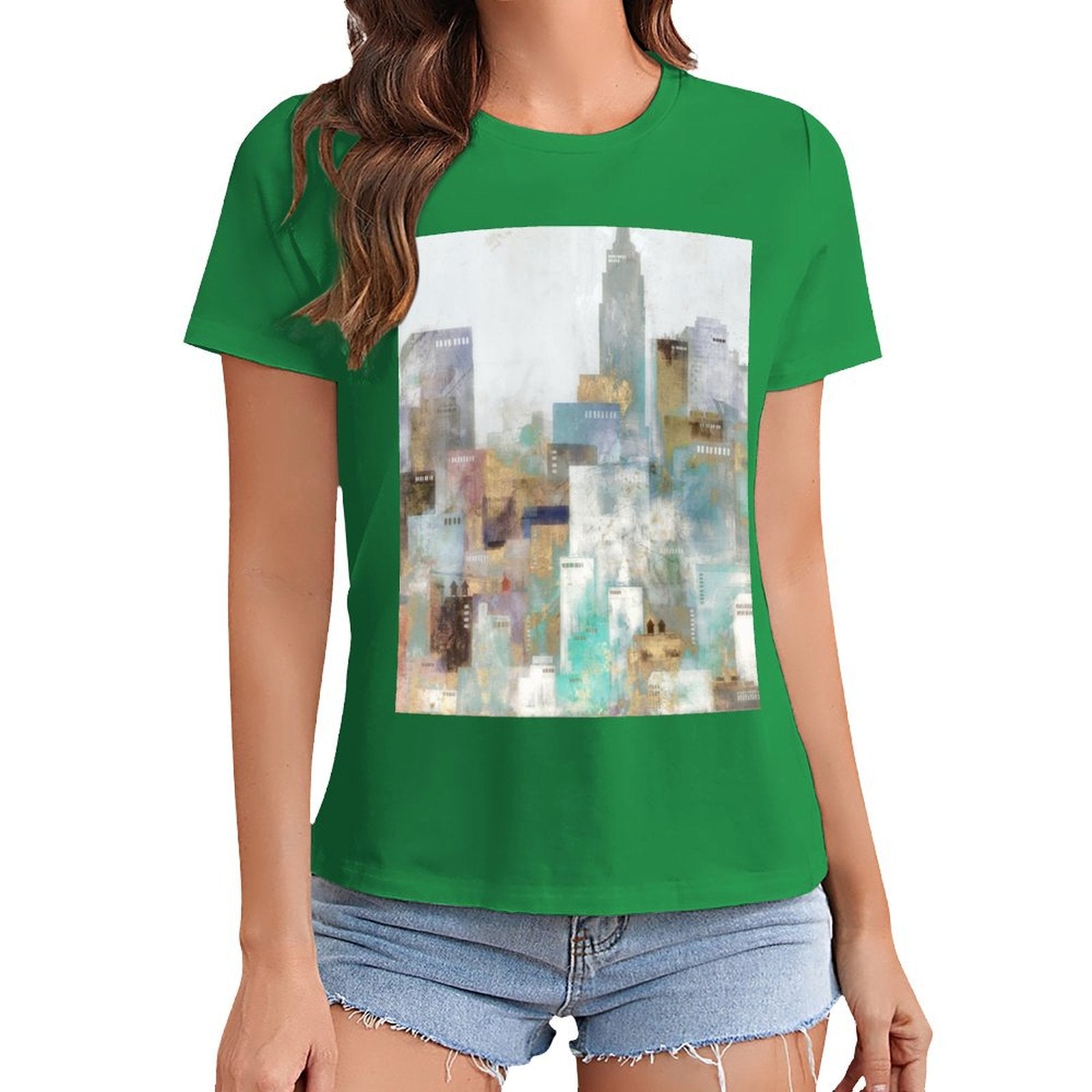 Women's green short sleeve crewneck t-shirt with abstract cityscape art print, MyArtsyGift