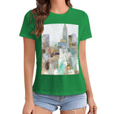 Women's green short sleeve crewneck t-shirt with abstract cityscape art print, MyArtsyGift