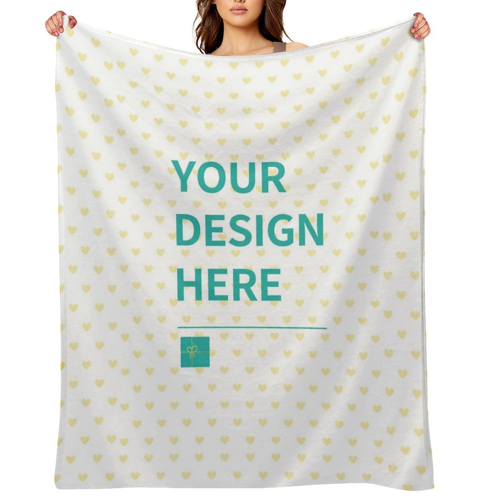 Customizable fleece blanket, white with yellow heart pattern and 'YOUR DESIGN HERE' text, perfect gift