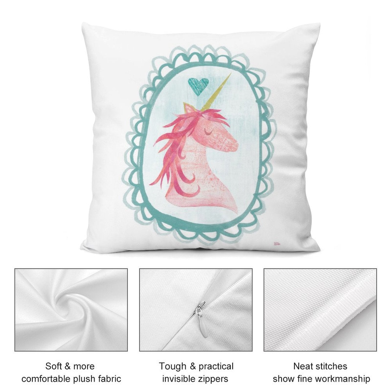 Unicorn plush pillow cover, watercolor design, soft fabric, and invisible zipper for home decor.