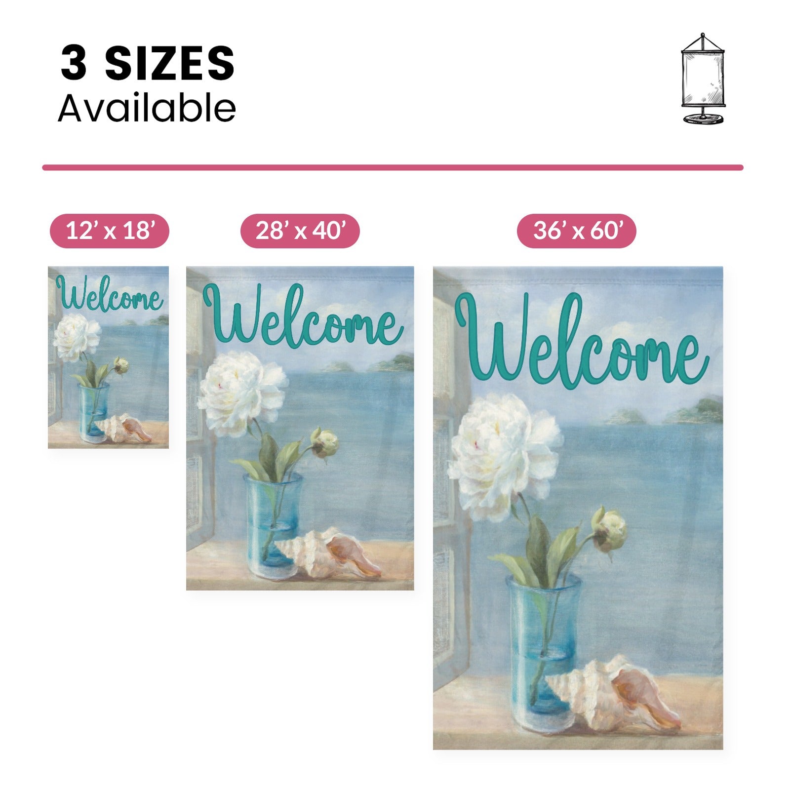 Coastal Floral Welcome Garden Flag with peony, seashell and welcome message, available in 3 sizes.