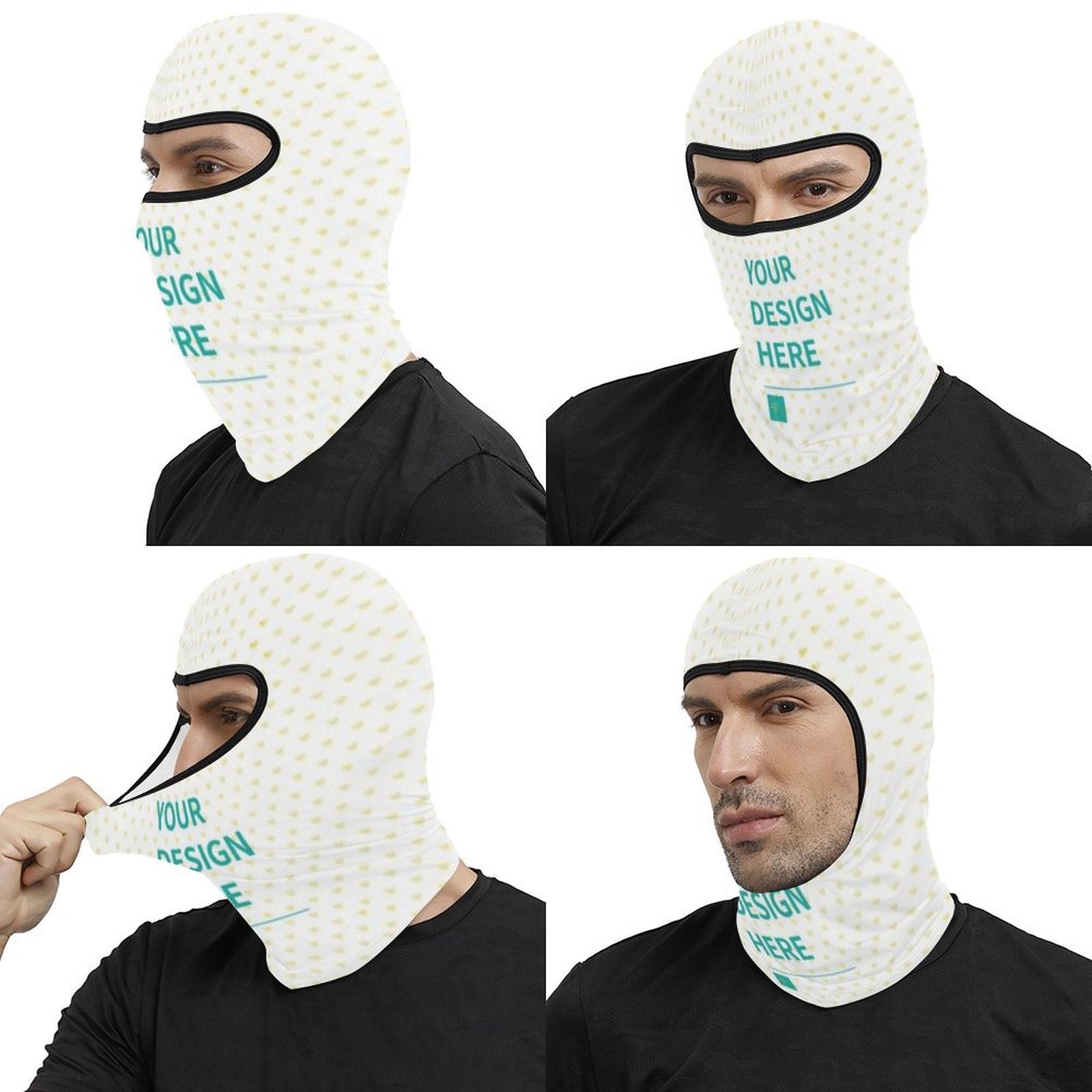 Customizable white ski mask balaclava, personalized with 'YOUR DESIGN HERE' text for men and women
