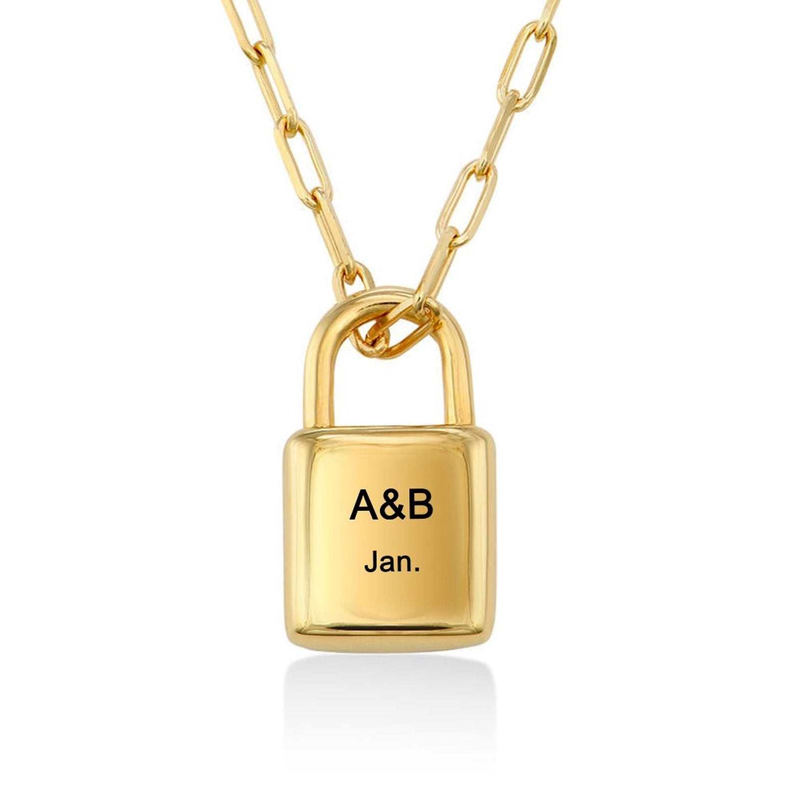 Personalized gold padlock necklace with custom initials A&B and Jan. on pendant; perfect gift.