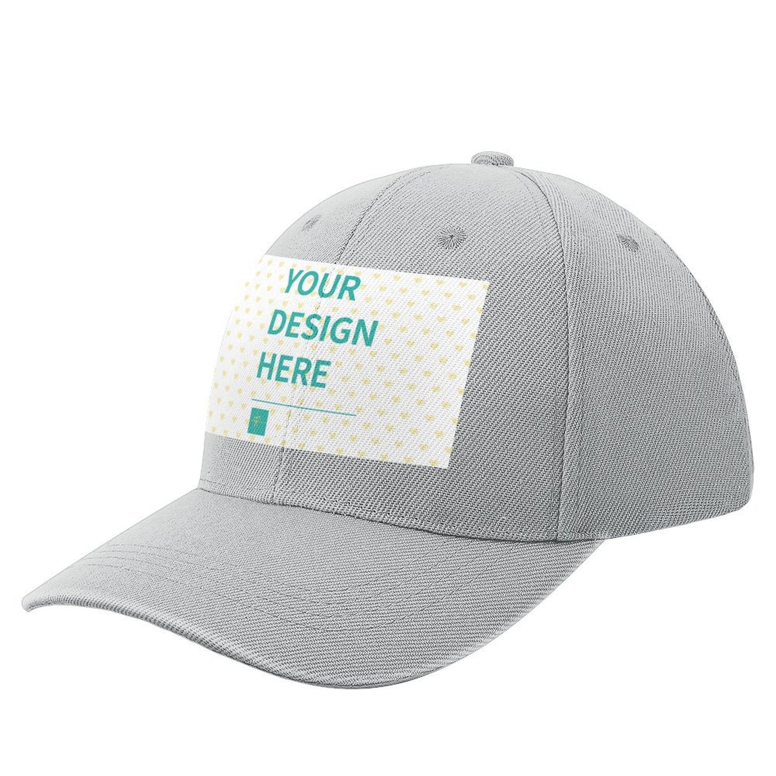Custom gray baseball cap with 'YOUR DESIGN HERE' design, polyester fabric, personalized for men and women