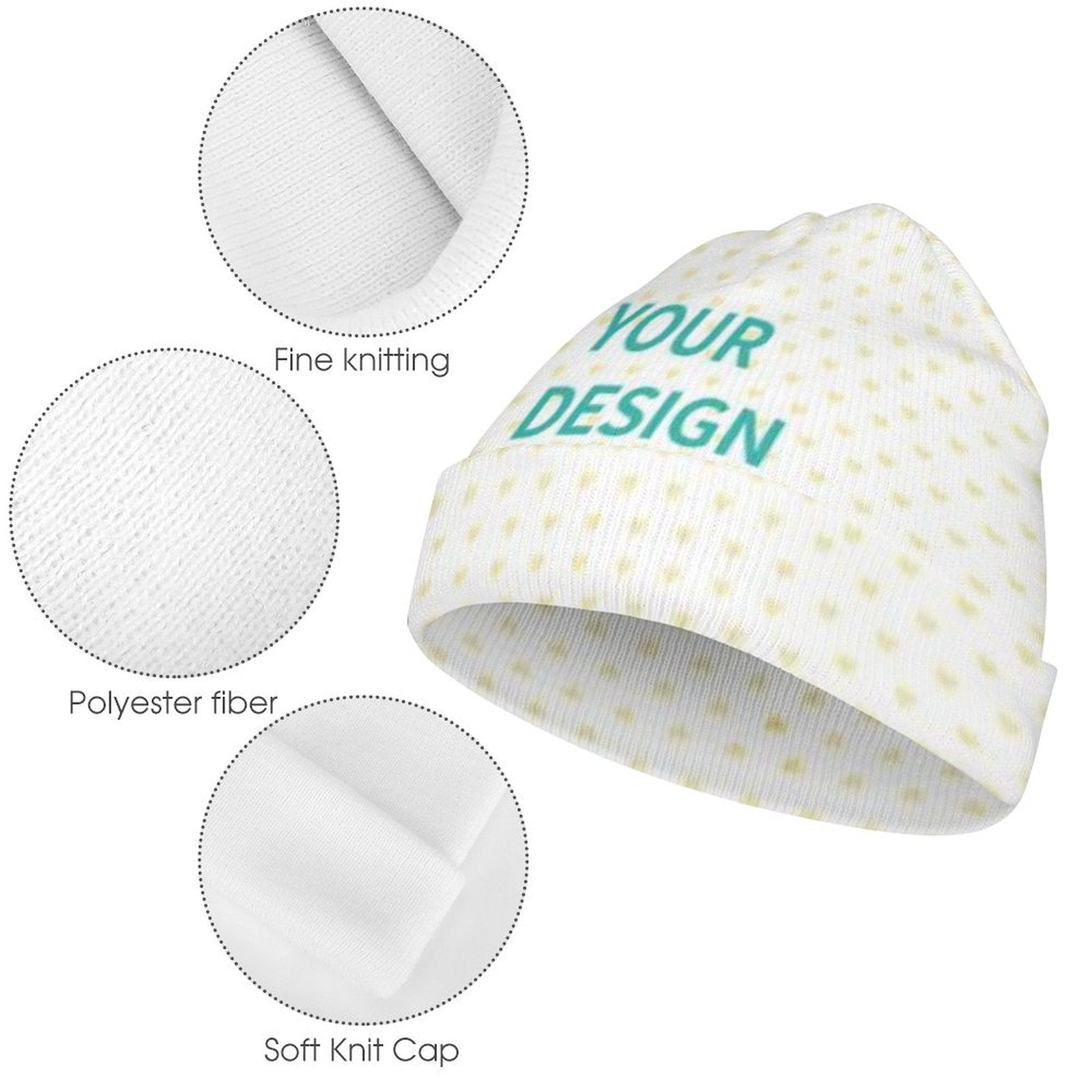 Customizable baby beanie hat with 'YOUR DESIGN' text, soft polyester knit, perfect for babies and kids