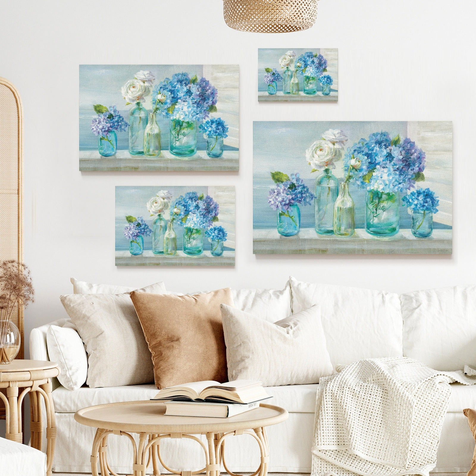 Canvas print set of blue hydrangeas and white roses in glass jars, perfect for living room decor.