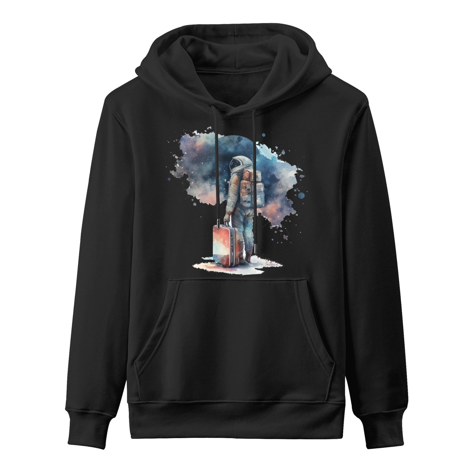 Astro Cruiser men's black hoodie. Ben Heine art: astronaut with luggage, space travel design. Gildan cotton sweatshirt.