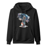 Astro Cruiser men's black hoodie. Ben Heine art: astronaut with luggage, space travel design. Gildan cotton sweatshirt.