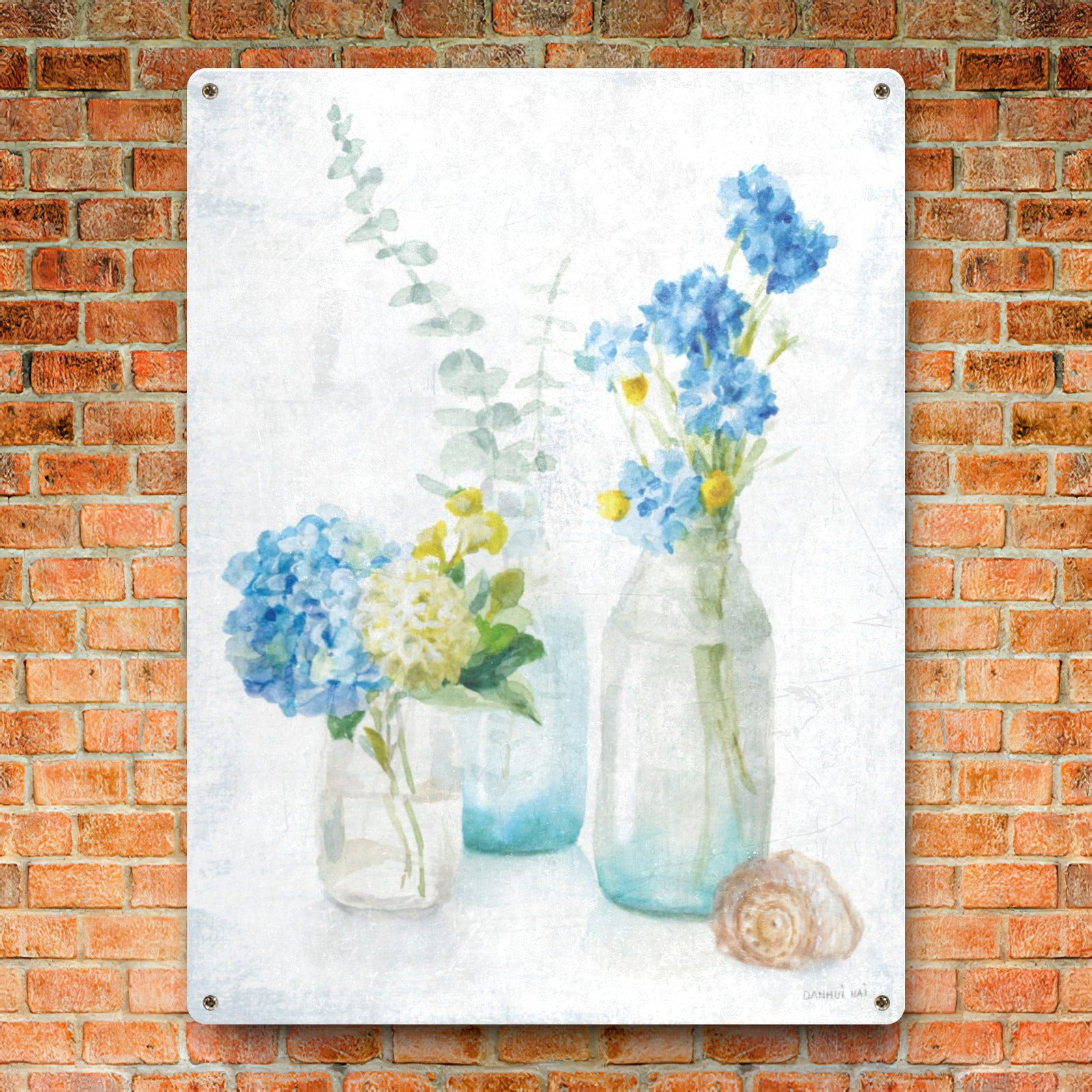 Beach Cottage Florals III Tin Sign with blue hydrangea flowers on a metal wall art